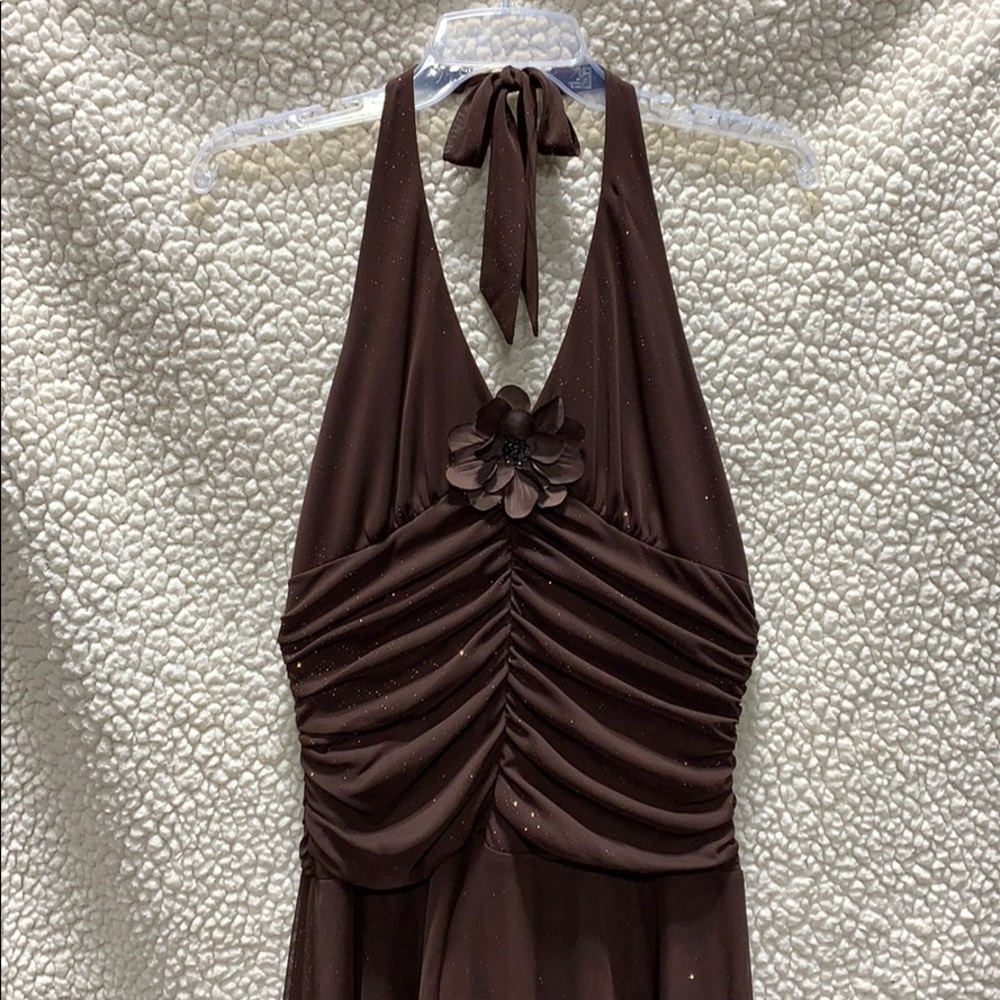 Brown/Pink glitter party or prom dress.